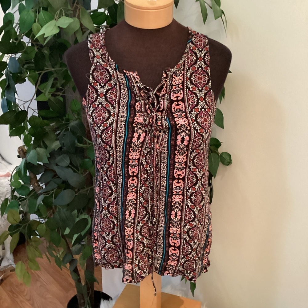 Self Esteem lace up front blouse Woman’s-size Medium multi colored patte…